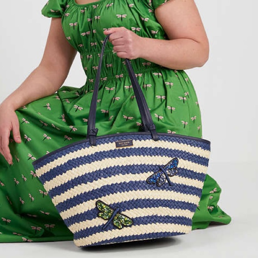 NWT! $378 kate spade Shore Thing Dragonfly Embellished Striped Straw Large Tote - Picture 1 of 17